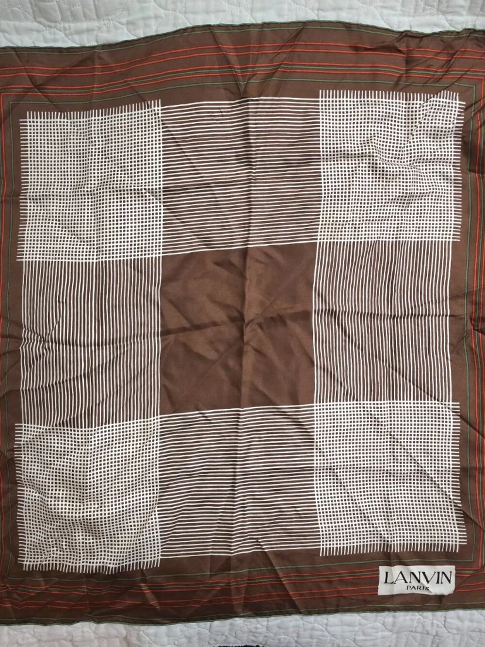Vtg Lanvin Paris 100% Silk Scarf Brown Geometric Stripes Cream Orange Green EUC.